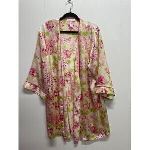 Oscar de la Renta Pink Label Womens Kimono Robe Size L /XL Pink Floral Vtg Satin